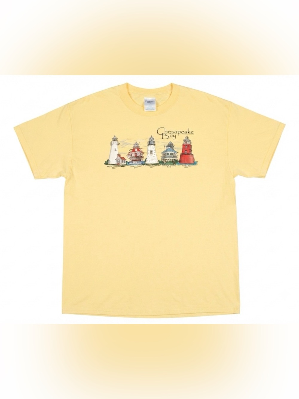 Chesapeake Bay Lighthouses T-Shirt Mens XL Yellow 100% Cotton‎ Graphic Tee